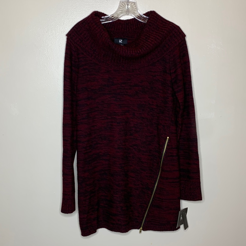 IZ BYER Sweater Wine & Black Marled Cowl Neck Exposed Front Zipper NWT Large